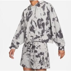 Nike Women's Oversized Cropped Hoodie Washed Jersey Black Grey Splash Dye Sz M